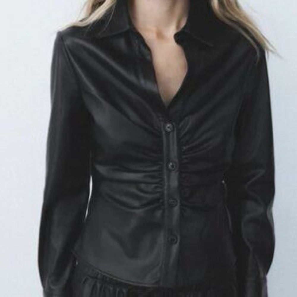 Zara Faux Leather Black Button-Up Shirt